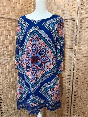 Red Camel Blue, Coral & Teal Medallion Long-Sleeve Shift Dress